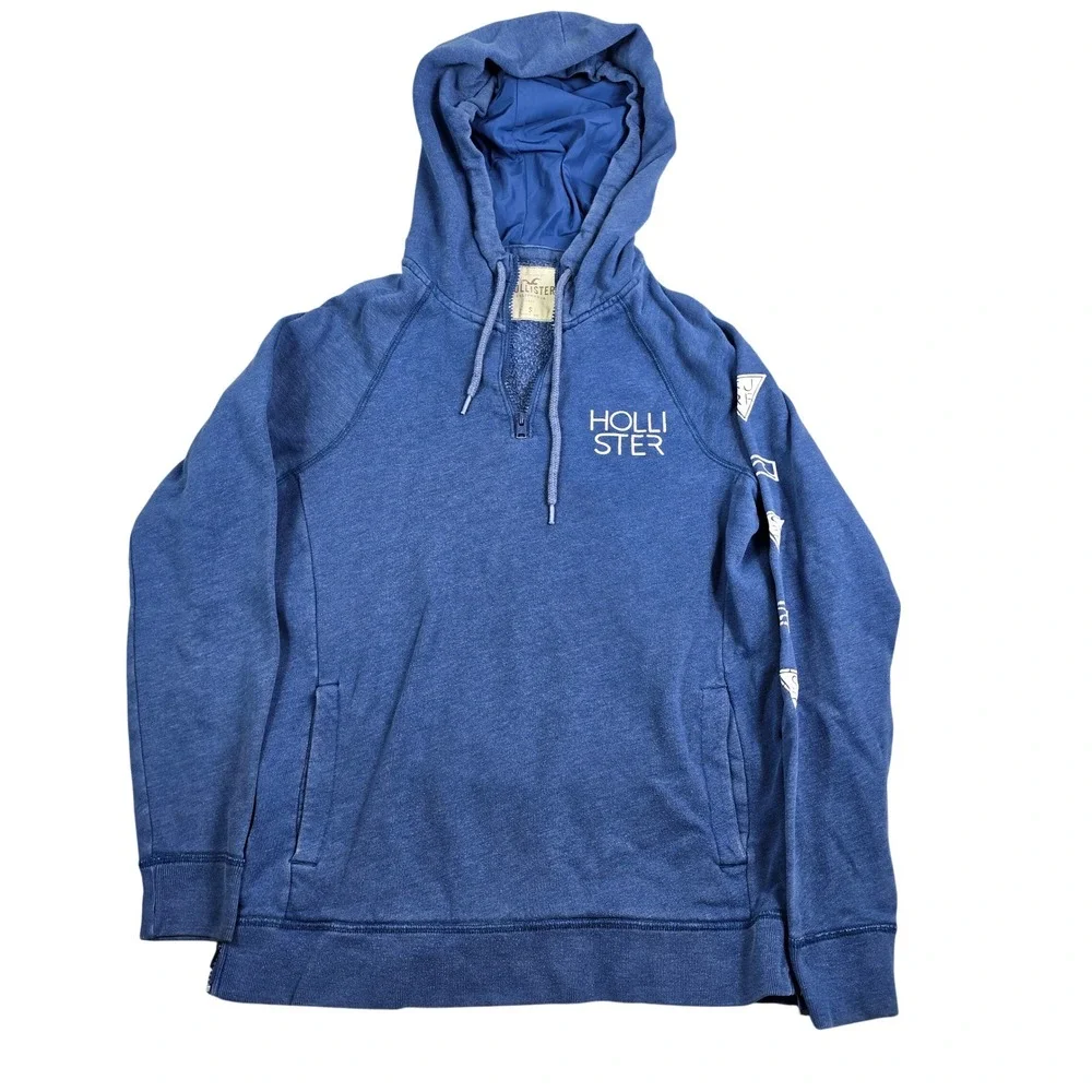 Hollister Quarter Zip Hoodie Men Small Blue Surf Sleeve Side Zip Beach Nautical